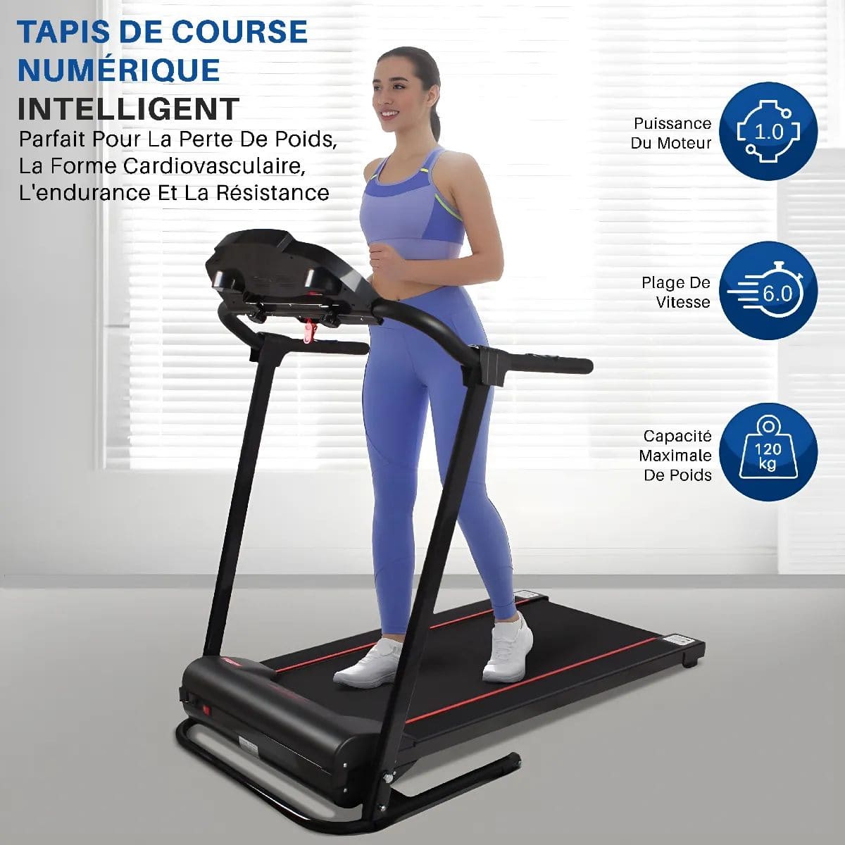 Serenelife - Tapis de course pliable - Moteur 1 HP - Jusqu'à 10 km/h - Bluetooth - Capteurs de pouls – Image 3