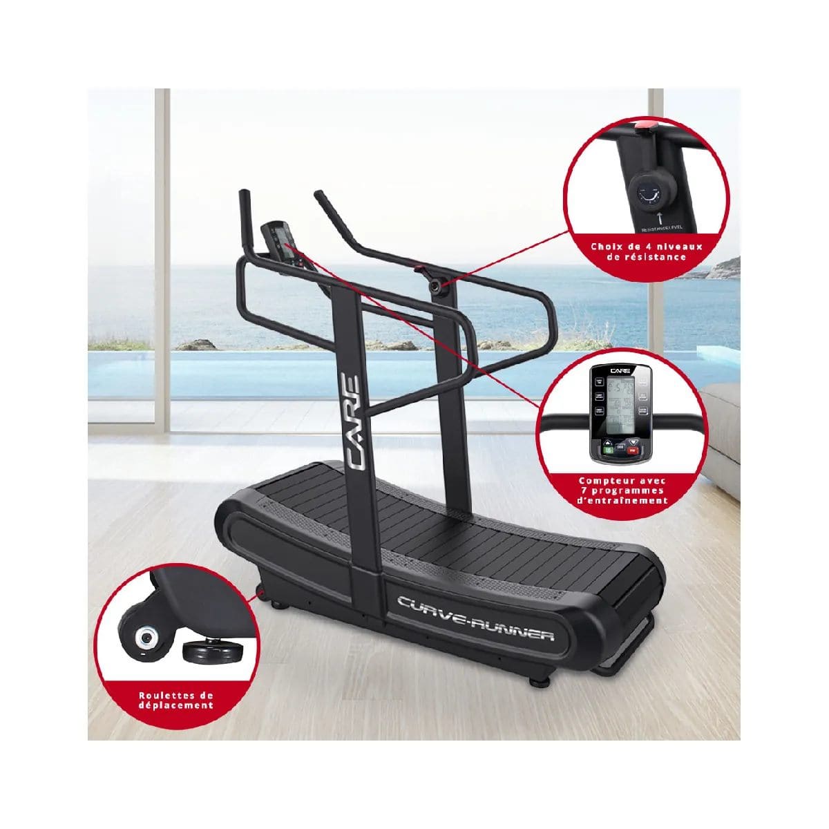 Tapis de course professionnel - Care Curve-runner- Surface 160x44cm - 135 kg - 7 fonctions - Console intégrée – Image 4