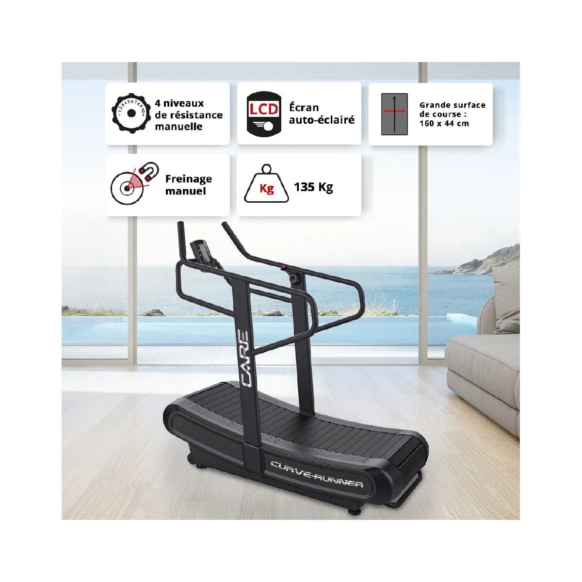 Tapis de course professionnel - Care Curve-runner- Surface 160x44cm - 135 kg - 7 fonctions - Console intégrée – Image 6
