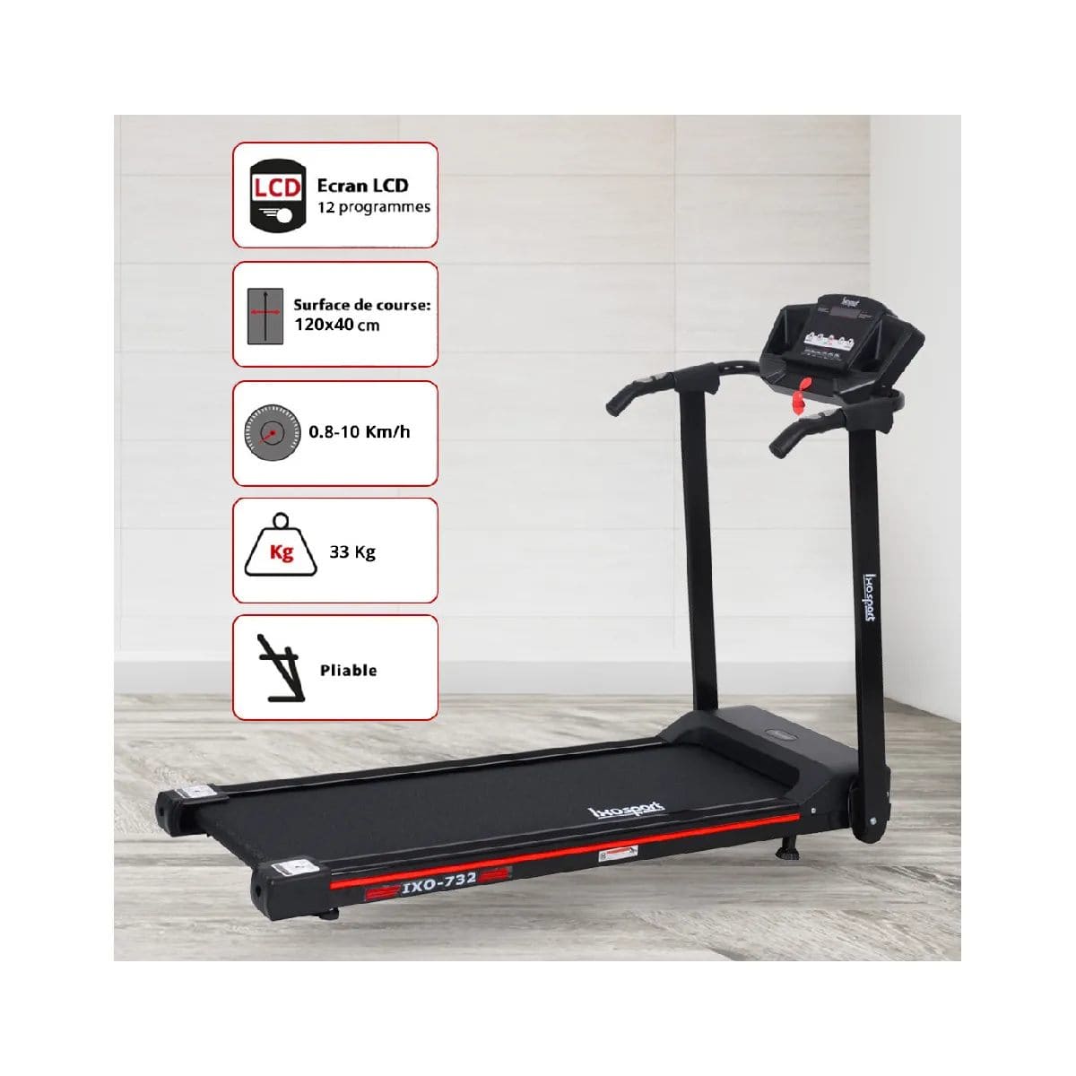 Tapis de marche - IXOSPORT IXO-732 - 10 km-h - Simplicité d'utilisation - Ergonomique - Pliable – Image 3