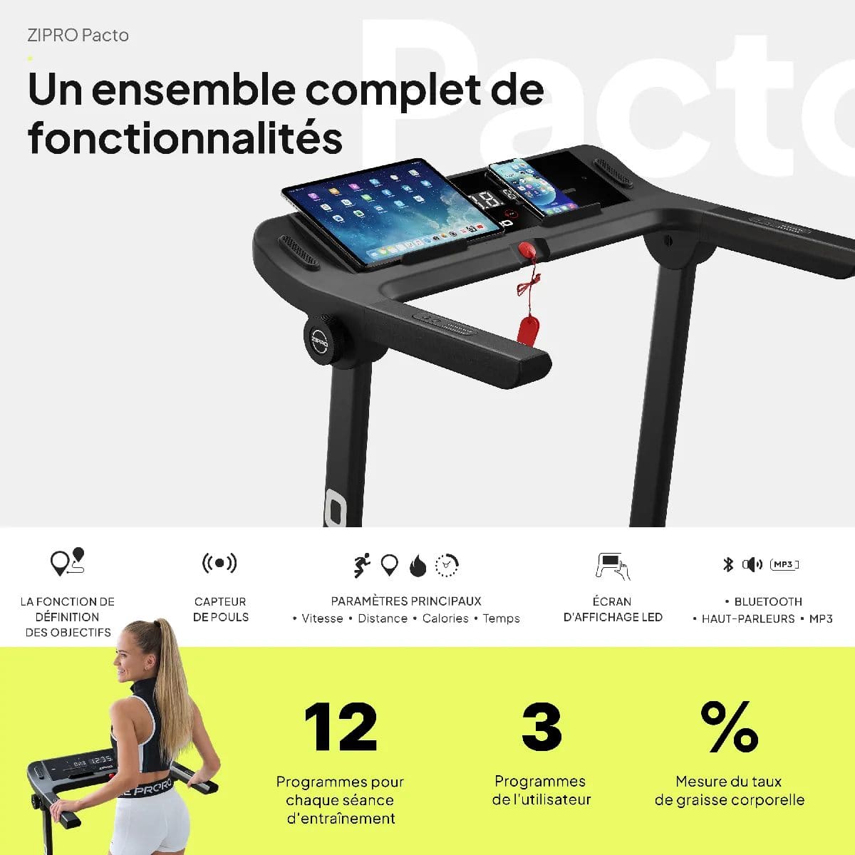 Zipro Pacto iConsole+ Tapis de course compact - Moteur 2.5 CV - Vitesse 1 à 16 km/h - Écran tactile – Image 3