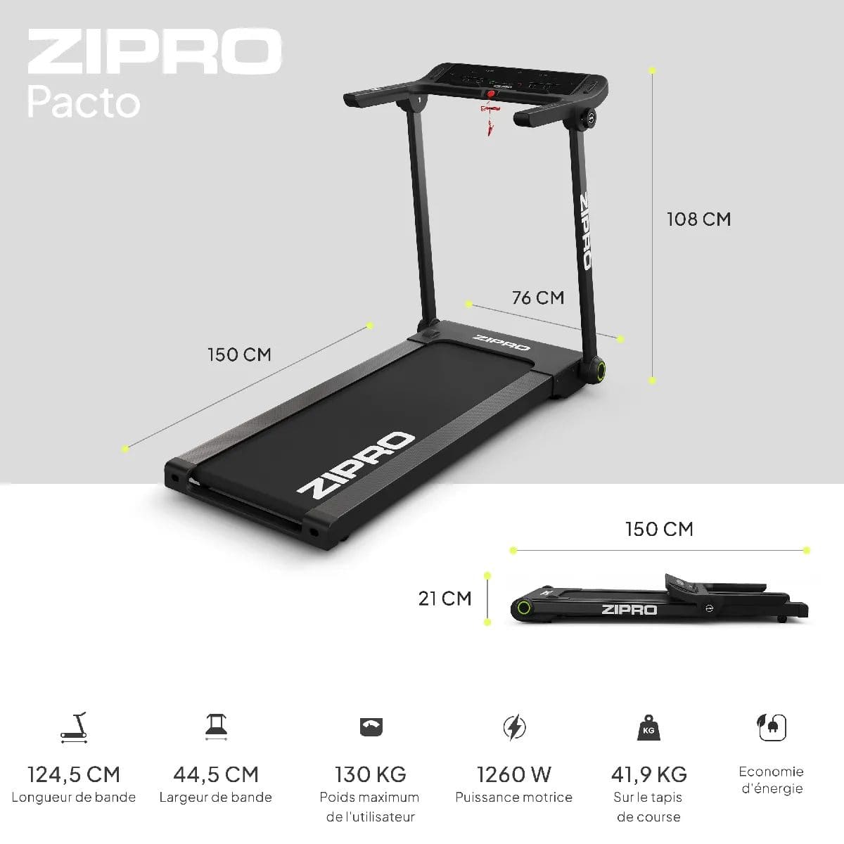 Zipro Pacto iConsole+ Tapis de course compact - Moteur 2.5 CV - Vitesse 1 à 16 km/h - Écran tactile – Image 4